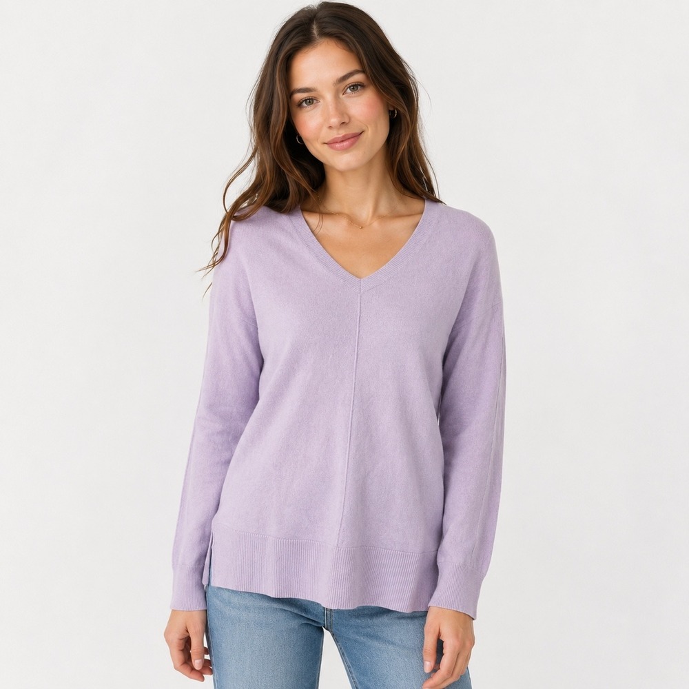 100% Cashmere Lusso Lavender Purple V-Neck Long Sleeve Top‎ Sweater Large